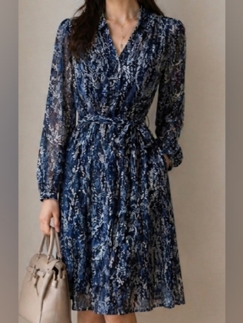 Ann Taylor Navy Floral Long-Sleeve Chiffon fit and flare Dress with Tie